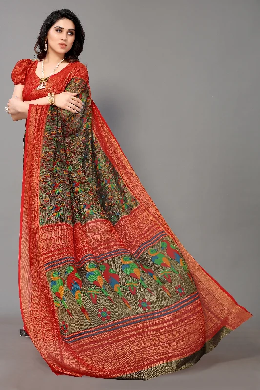 Women Party Wear Printed Brasso Chiffon Saree With Un Stitched Blouse Elegant Lace Blouse Women Party Wear Printed Brasso Chiffon Saree With Un Stitched Blouse Elegant Lace Blouse