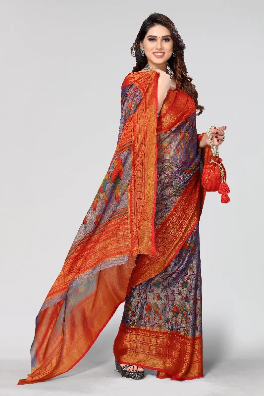 Women Party Wear Printed Brasso Chiffon Saree With Un Stitched Blouse Wrap Front Blouse Women Party Wear Printed Brasso Chiffon Saree With Un Stitched Blouse Wrap Front Blouse
