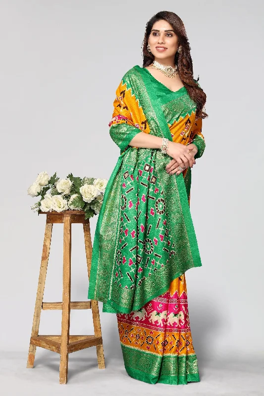 Women Casual Wear Printed Dhola Silk Saree With Un Stitched Blouse Frilled Cuff Blouse Women Casual Wear Printed Dhola Silk Saree With Un Stitched Blouse Frilled Cuff Blouse