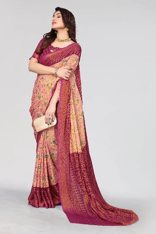 Women Party Wear Printed Brasso Chiffon Saree With Un Stitched Blouse Feminine Satin Blouse Women Party Wear Printed Brasso Chiffon Saree With Un Stitched Blouse Feminine Satin Blouse