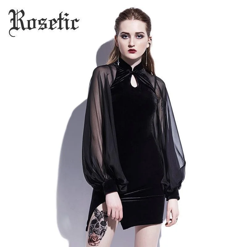 Women Black Sheath Lantern Sleeve Velvet Dress