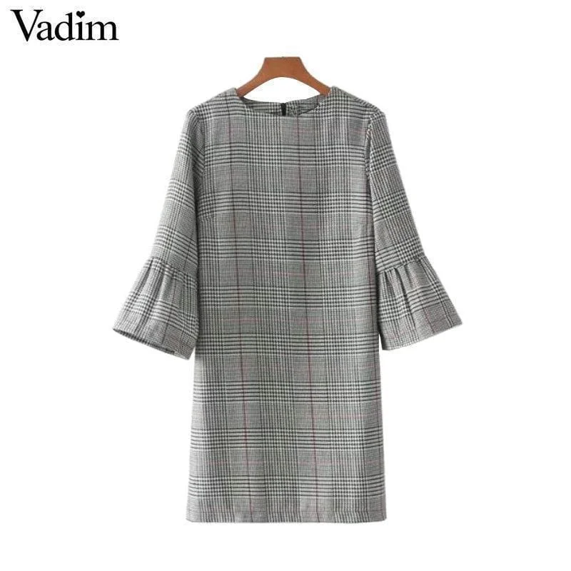 Women Plaid Print Straight Cut Dress