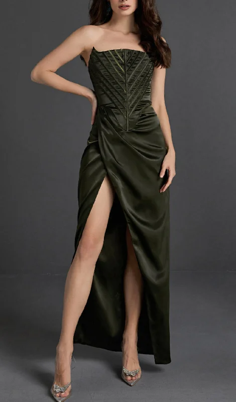 STRAPLESS SATIN SPLIT MAXI DRESS Cozy Maxi Dress with Slit