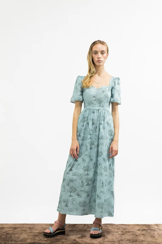 Beatrice Maxi Dress With Sweetheart Neckline / Cottage Blue + Pewter Green Cotton Toile Classic Solid Maxi Dress Beatrice Maxi Dress With Sweetheart Neckline / Cottage Blue + Pewter Green Cotton Toile Classic Solid Maxi Dress