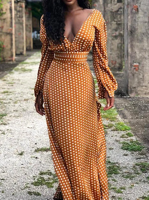 Belt Polka-dot V-neck Long Sleeve Maxi Dress Fashionable Printed Maxi Dress