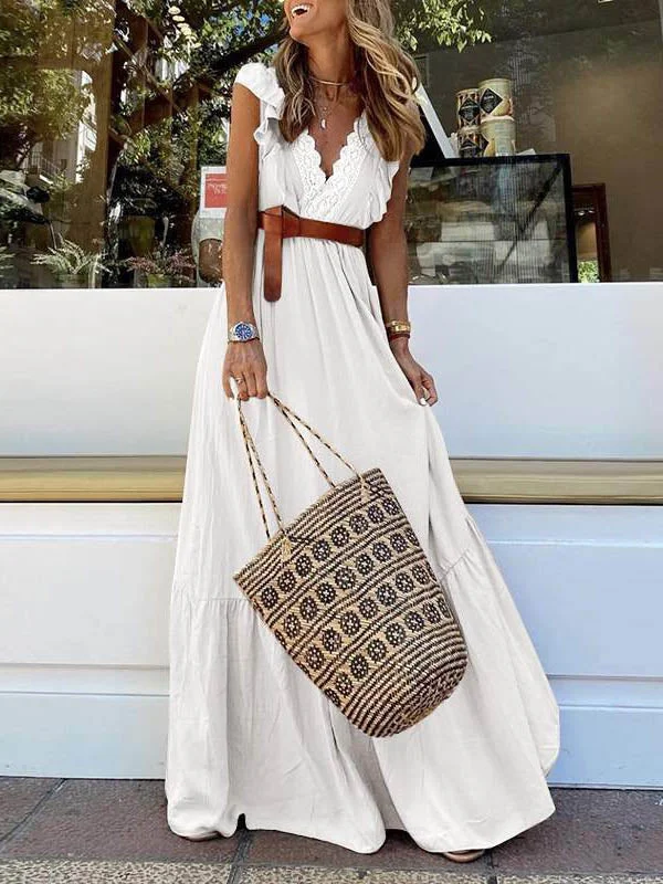 Belted Deep V Neck Sleeveless High Waist Maxi Dress Trendy Short Sleeve Maxi Dress