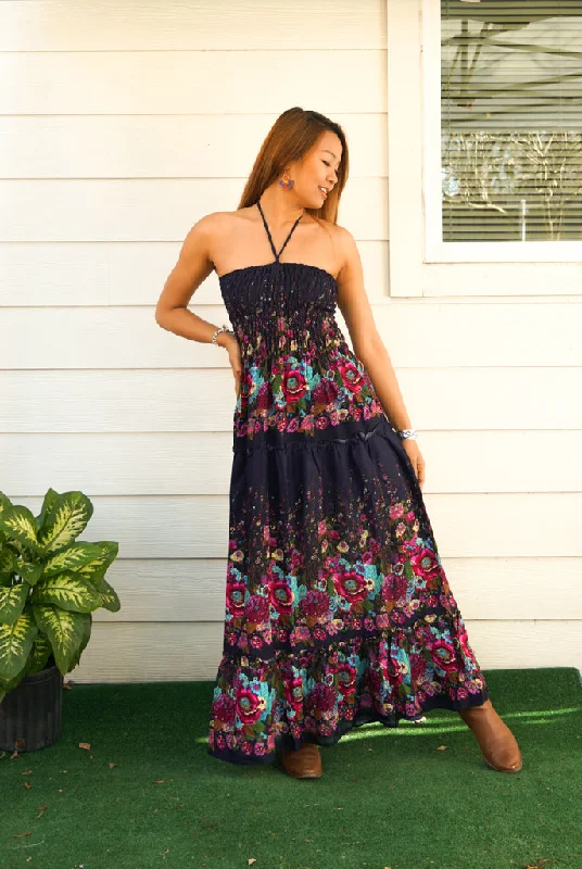 Blue Floral Tiered SunDress Maxi Dress Fashionable Chiffon Maxi Dress