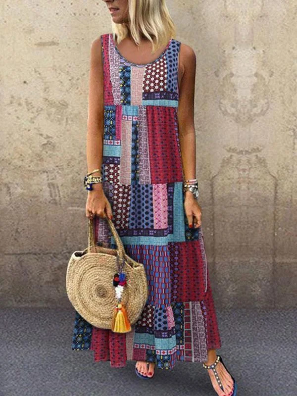 Bohemian Splicing Round Neck Sleeveless Maxi Dresses Chic Off-Shoulder Maxi Dress