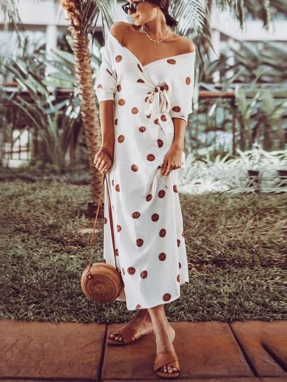 Casual Large Polka Dot V Neck Off Shoulder Maxi Dress Trendy Maxi Dress with Lace