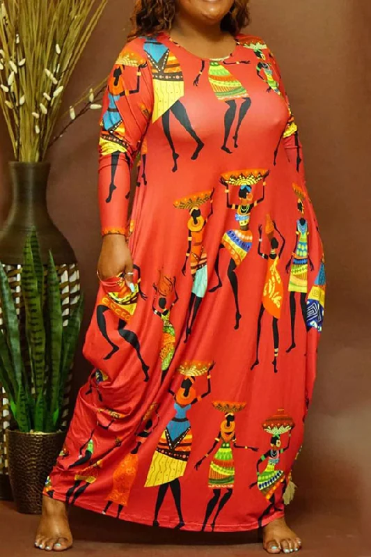 Character Print Round Neck Classic Pockets Maxi Dress Trendy Maxi Dress with Straps