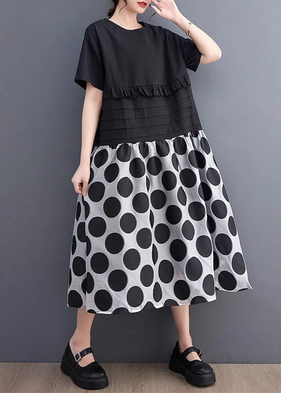 Chic Black O-Neck Ruffled Patchwork Print Dot Maxi Dress Short Sleeve Fashionable Layered Maxi Dress