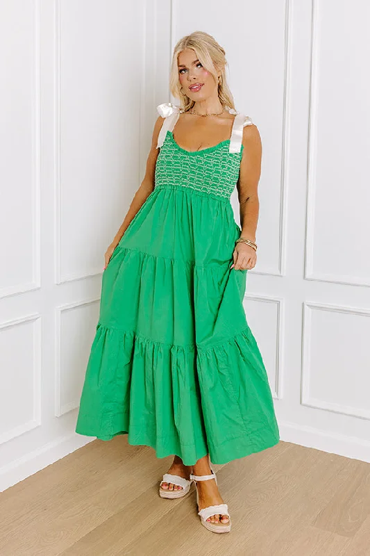 Classic Cutie Smocked Maxi Dress in Kelly Green Curves Comfortable Ruffle Hem Maxi Dress