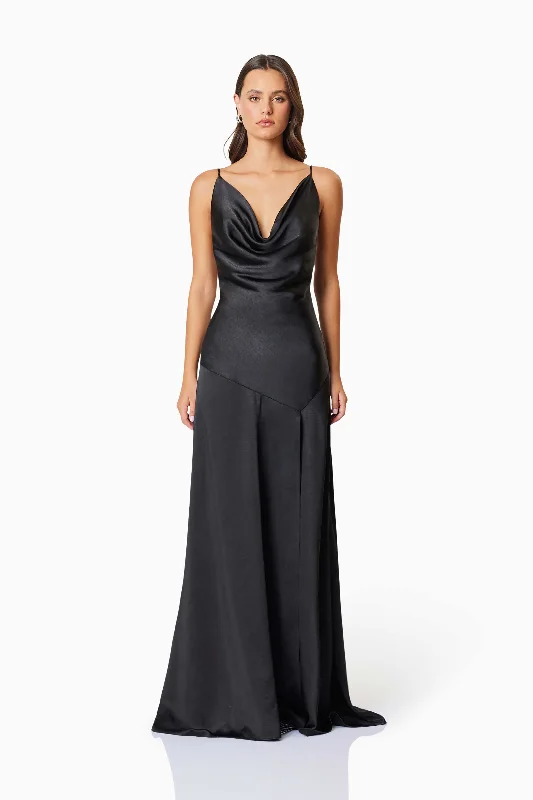 Clementine Cowl Neck Maxi Dress In Black Comfortable Maxi Dress with Belt