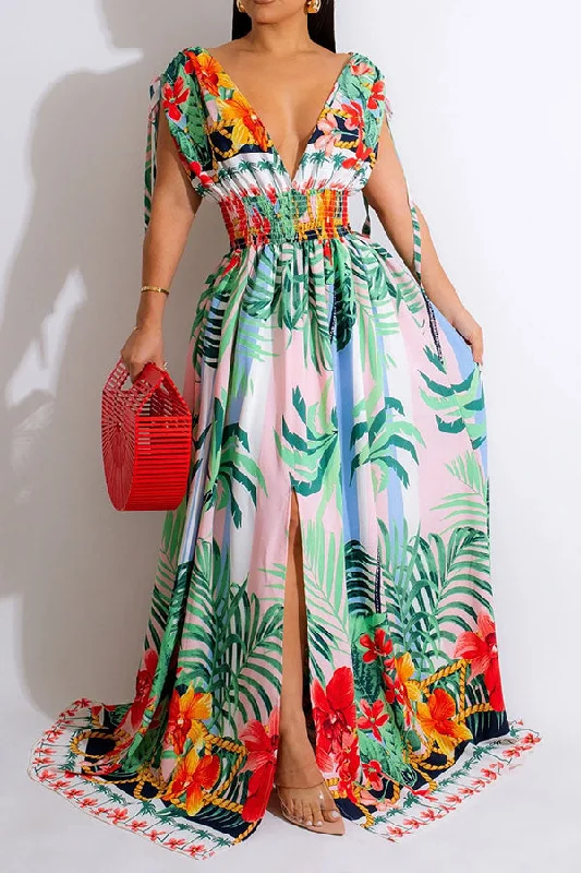 Coconut Palm Print Tropical High Split Maxi Dress Comfortable Fit-and-Flare Maxi Dress Coconut Palm Print Tropical High Split Maxi Dress Comfortable Fit-and-Flare Maxi Dress