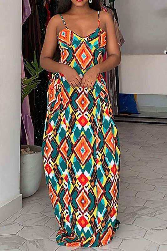 Colorful Geometric Print Feminine Swing Maxi Dress Elegant Maxi Dress with Belt