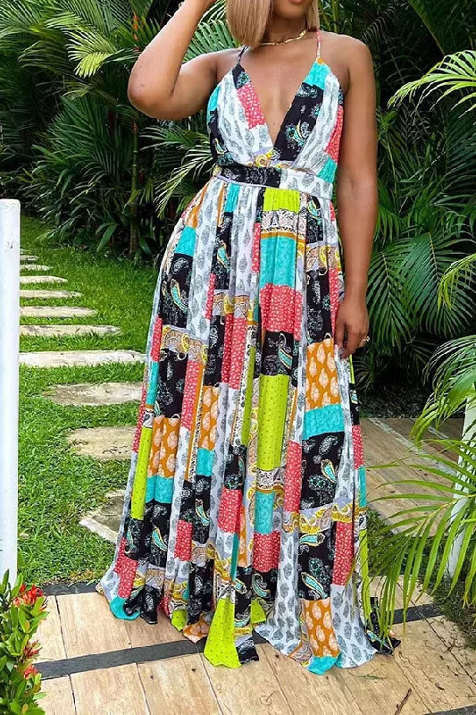 Colorful Paisley Print Cross Back Swing Maxi Dress Classic Black Maxi Dress