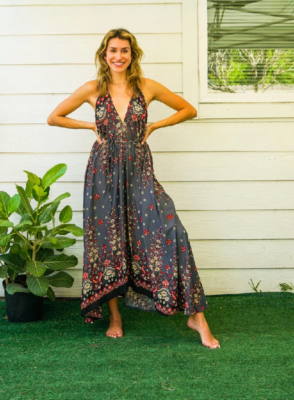 Gray Floral Mandala Goddess Boho Maxi Dress Comfortable Casual Maxi Dress