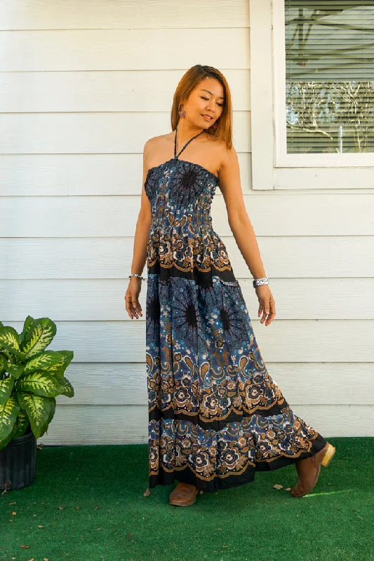 Blue Floral Tiered Mandala SunDress Maxi Dress Comfortable Maxi Dress with Slits