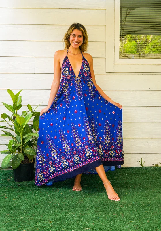 Blue Floral Goddess Maxi Dress Comfortable Pleated Maxi Dress