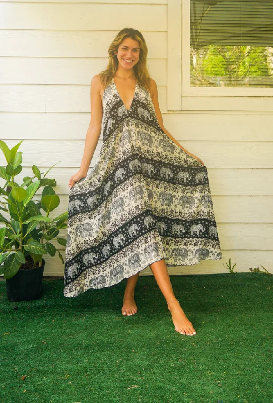 Black Cute Elephant Goddess Maxi Dress Elegant Pleated Maxi Dress
