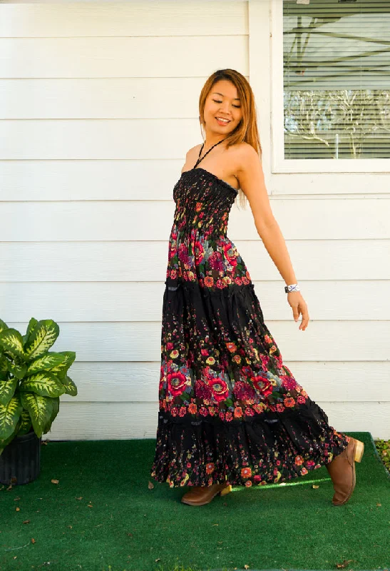 Black Floral Tiered SunDress Maxi Dress Fashionable Off-Shoulder Maxi Dress