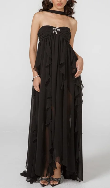 LACE IRREGULAR MAXI DRESS IN BLACK Classic Tulle Maxi Dress