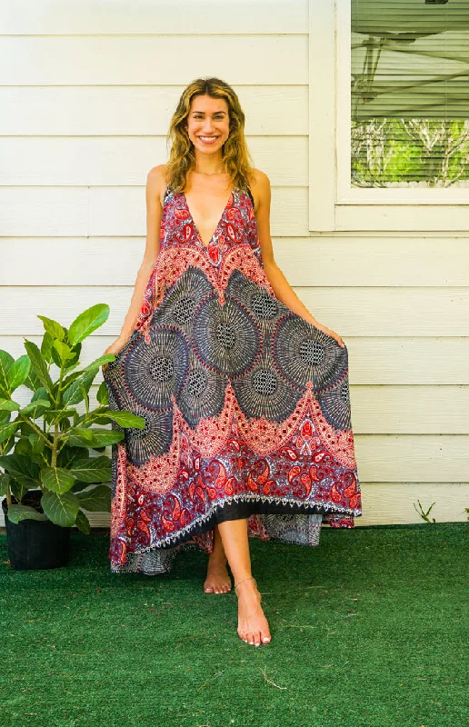 Burgundy Paisley Mandala Goddess Boho Maxi Dress Cozy Ribbed Maxi Dress