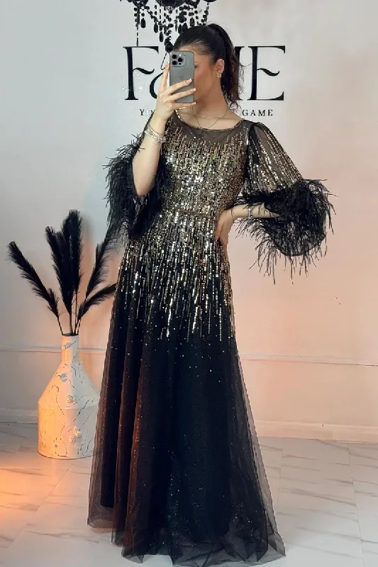 Evening Poem Sequin Feather Maxi Dress Cozy Open-Back Maxi Dress