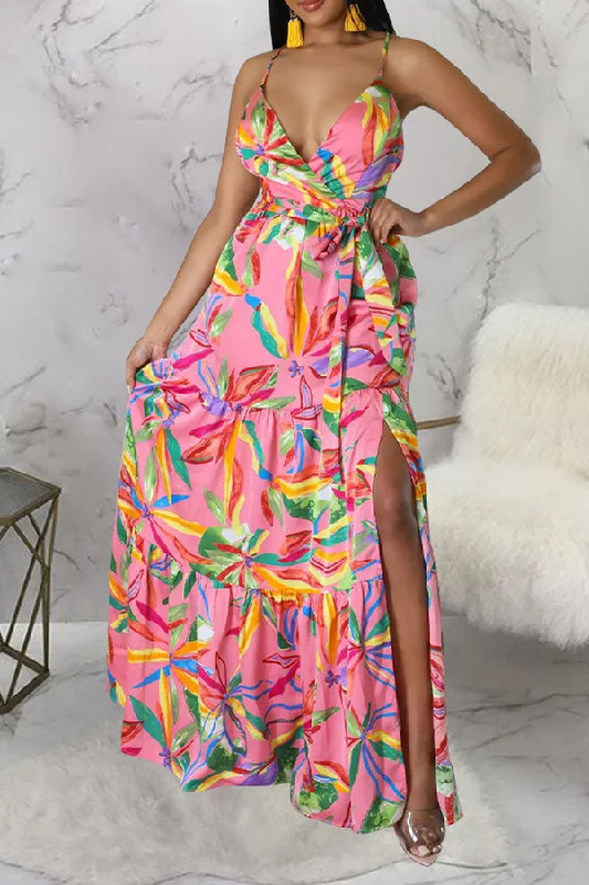 Floral Print On-trend Lace-Up High Split Maxi Dress Stylish Off-Shoulder Maxi Dress