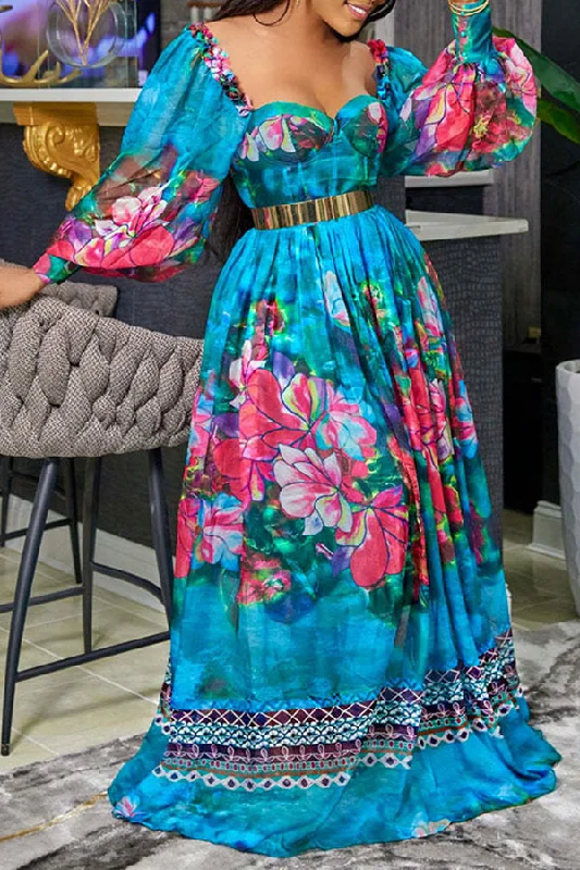 Floral Print Romantic Backless Maxi Dress Stylish Empire Waist Maxi Dress