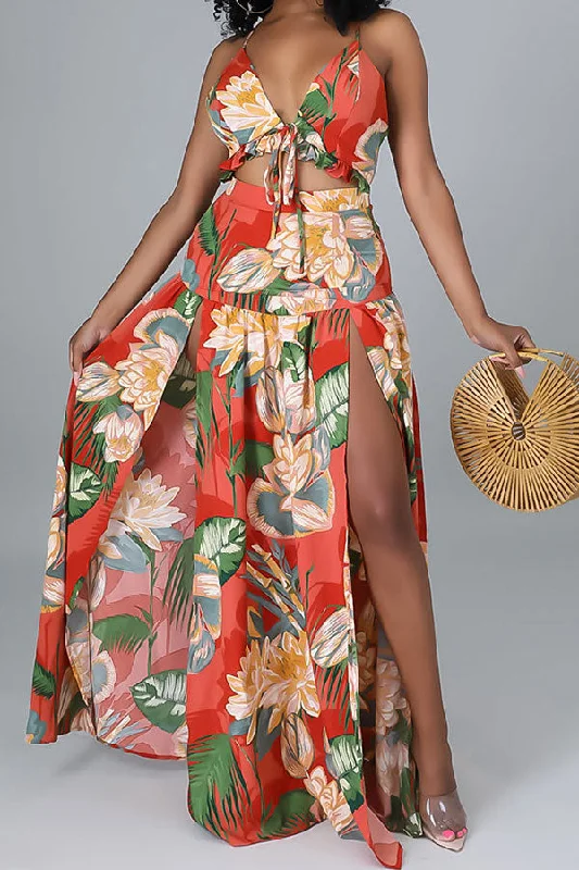 Floral Print Stylish Ruffle Maxi Dress Comfortable Fitted Maxi Dress