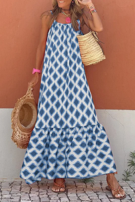 Geometric Print Loose Fit Sleeveless Maxi Dress Fashionable Chiffon Maxi Dress