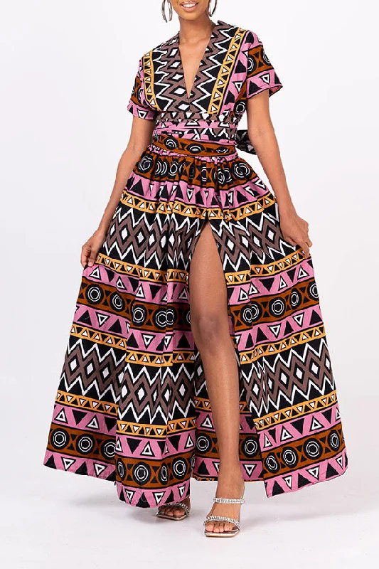 Geometric Print Versatile Strappy High Split Maxi Dress Elegant Maxi Dress with Lace Geometric Print Versatile Strappy High Split Maxi Dress Elegant Maxi Dress with Lace