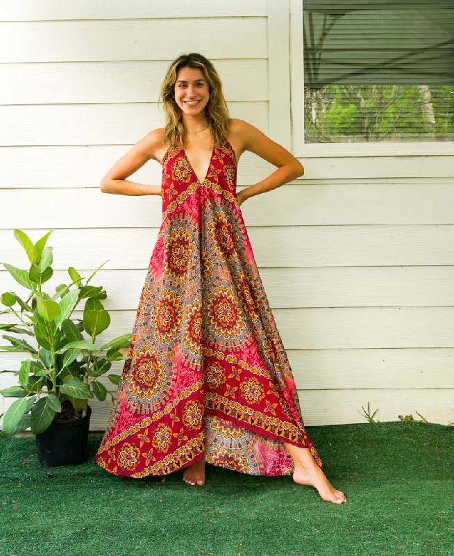 Burgundy Psychedelic Mandala Goddess Maxi Dress Cozy Maxi Dress with Slit