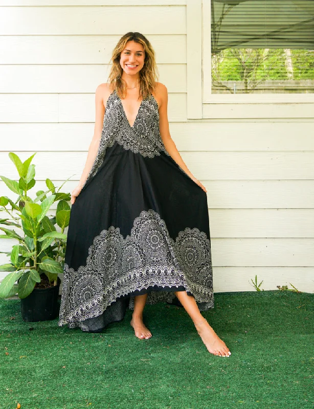 Black Mandala Goddess Maxi Dress Elegant Lace-Up Maxi Dress