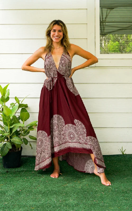Burgundy Mandala Goddess Maxi Dress Casual Maxi Dress with Pockets