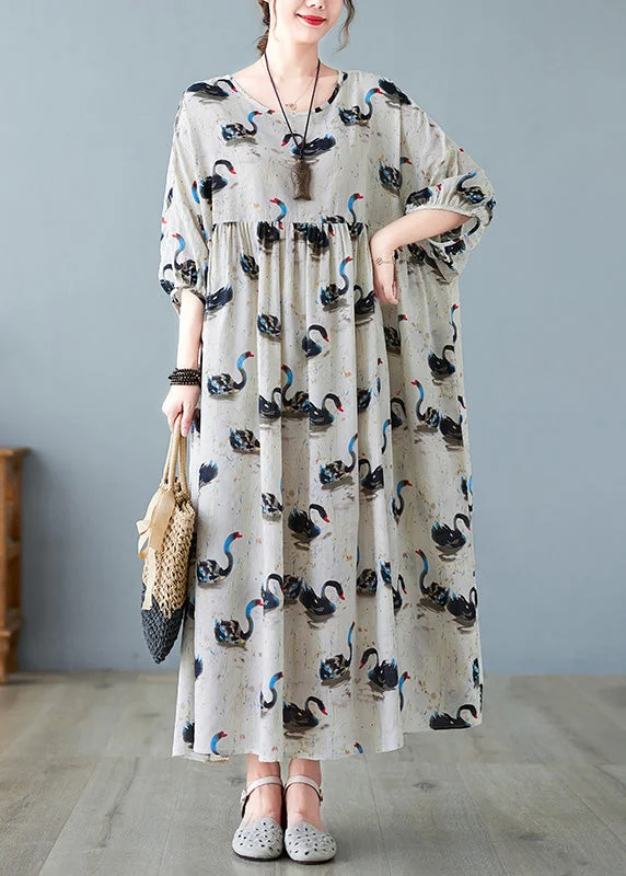 Handmade Black O-Neck Swan Print Patchwork Cotton Maxi Dresses Half Sleeve Trendy Maxi Dress with Bow Handmade Black O-Neck Swan Print Patchwork Cotton Maxi Dresses Half Sleeve Trendy Maxi Dress with Bow