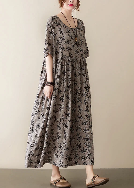 Handmade Grey O-Neck Print Cotton Maxi Dress Short Sleeve Fashionable Faux Wrap Maxi Dress
