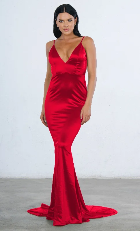 Glowing Goddess Red Satin Sleeveless Spaghetti Strap Plunge V Neck Ruched Back Mermaid Maxi Dress Chic Sleeveless Maxi Dress