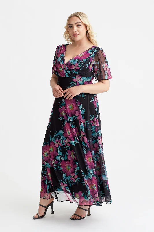 Isabelle Black Cerise Print Float Sleeve Maxi Dress Comfortable Ruffle Hem Maxi Dress Isabelle Black Cerise Print Float Sleeve Maxi Dress Comfortable Ruffle Hem Maxi Dress