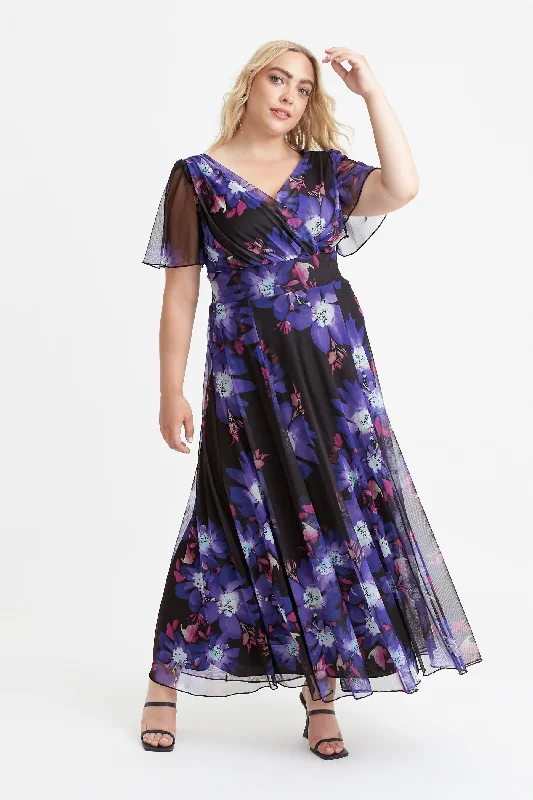 Isabelle Black Purple Print Float Sleeve Maxi Dress Elegant Pleated Maxi Dress