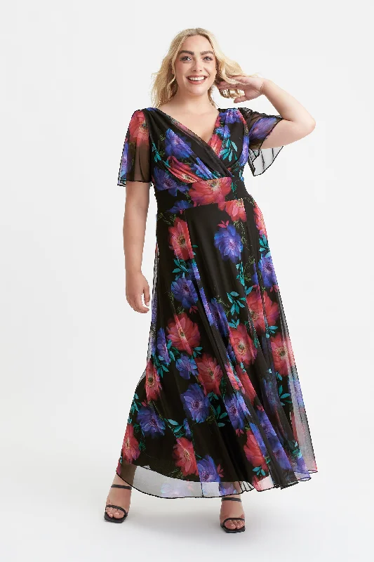Isabelle Black Red Multi Print Float Sleeve Maxi Dress Stylish Off-Shoulder Maxi Dress Isabelle Black Red Multi Print Float Sleeve Maxi Dress Stylish Off-Shoulder Maxi Dress
