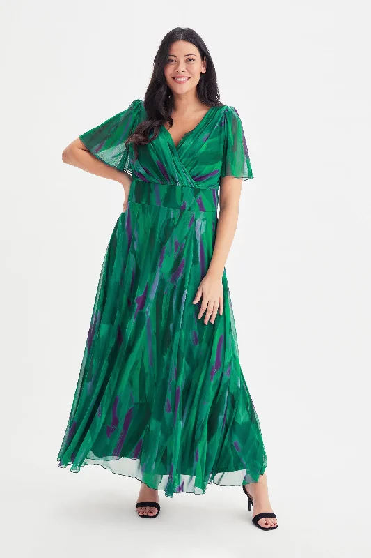Isabelle Green Brush Float Sleeve Maxi Dress Chic Summer Floral Maxi Dress