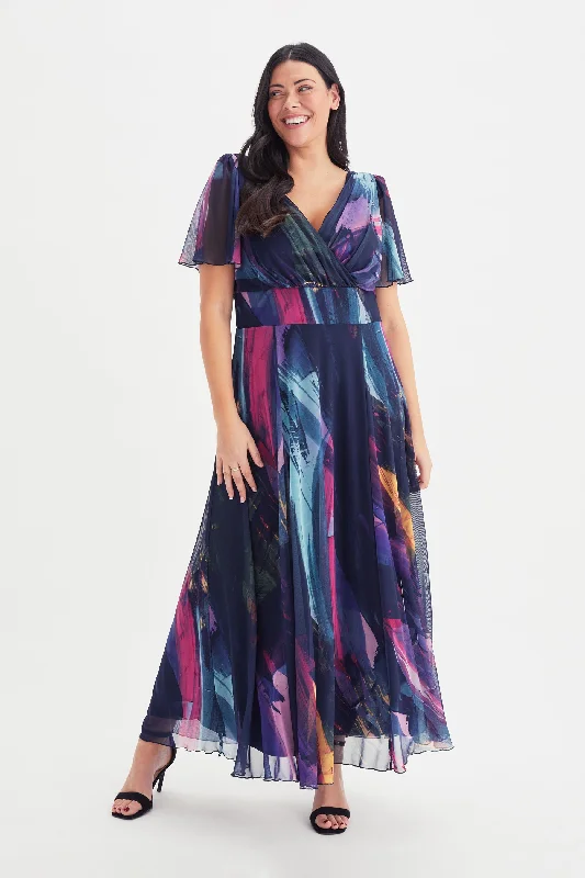 Isabelle Navy Abstract Float Sleeve Maxi Dress Fashionable Off-Shoulder Maxi Dress