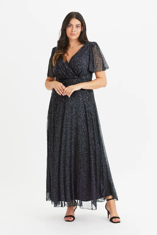 Isabelle Purple Glitter Angel Sleeve Maxi Dress Stylish One-Shoulder Maxi Dress