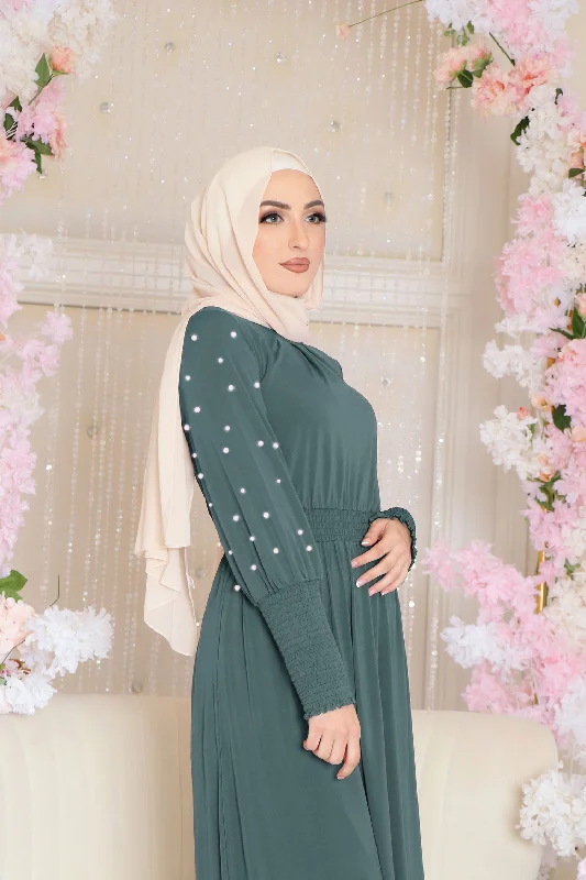 Kylie Pearls Spandex Maxi Dress- Mint Gray Elegant Sleeveless Maxi Dress
