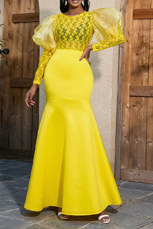 Lace Patchwork Chic Lantern Sleeve Fishtail Maxi Dress Elegant Sleeveless Maxi Dress Lace Patchwork Chic Lantern Sleeve Fishtail Maxi Dress Elegant Sleeveless Maxi Dress