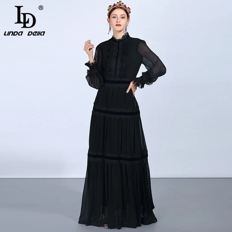 LD LINDA DELLA Runway Maxi Dresses Women's Long Sleeve Lace Patchwork Ruffles Vintage Black Dress Elegant Party Dress Stylish Long Sleeve Maxi Dress LD LINDA DELLA Runway Maxi Dresses Women's Long Sleeve Lace Patchwork Ruffles Vintage Black Dress Elegant Party Dress Stylish Long Sleeve Maxi Dress
