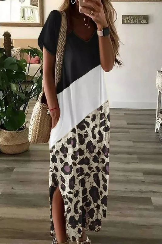 Leopard Color Block Side Slit T Shirt Maxi Dress Elegant Maxi Dress with Belt