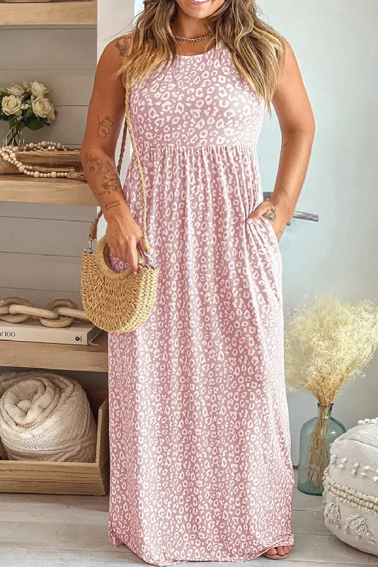 Leopard Print Pocketed Sleeveless Maxi Dress Elegant Sleeveless Maxi Dress